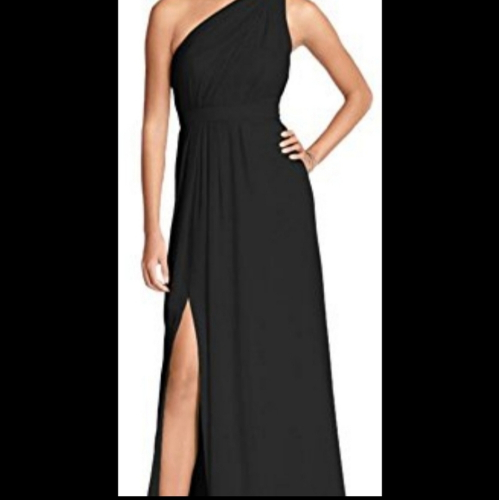 Davids Bridal bridesmaid dress black long chiffon with asymmetric neckline